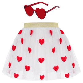 Valentines Girls Red Heart Tulle Tutu Skirt with Sunglasses (US, Alpha, Small, Regular, White)