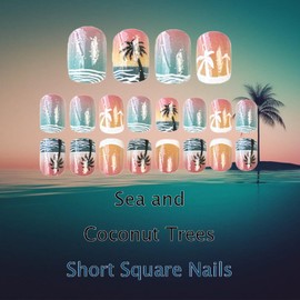 24Pcs Beach Press on Nails Coconut Tree Acrylic Full Cover Fake Nails Summer Ocean Stick on Nail Sea Gel Glue on Fingernails Glossy White French Tips Short Square False Nail for Holiday Manicure Art