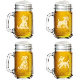 Set of 4 Glass 16oz Mason Jar Glass Mug w/Handle Gift Miniature Schnauzer Collection