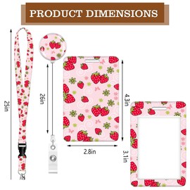 OZVE ID Badge Holder with Retractable Badge Reel Clip and Lanyard, Cute Card Name Tag Lanyard Vertical ID Protector Bage Clips for Nurse Doctor Teacher Student(Cute Pink Strawberry)