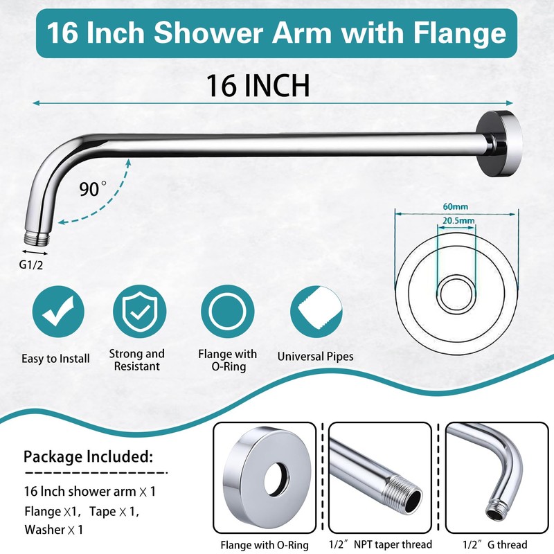 16 Inch Shower Arm with Flange,Stainless Steel 90 Degree Rain