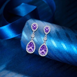 EleQueen 925 Sterling Silver Full Prong Cubic Zirconia Teardrop Bridal Dangle Earrings for Women Amethyst Color, Valentine's Day/Mother's Day/Christmas Jewerly Gift for Wife/Mom