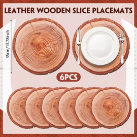 Remerry Leather Wooden Slice Placemats Set of 6, 13.8'' Round Rustic Charger Plates Wood Slices Place Mats Farmhouse Table Mats for Wedding Table Decoration Kitchen Dining Waterproof