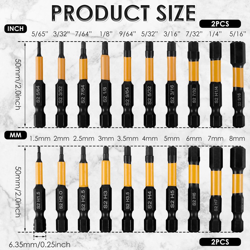 40Pcs Impact Hex Head S2 Alloy Steel Allen Wrench Drill