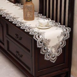 Table Runner Lace European Style Embroidery Table Center Stylish Dining Party Fringe Antique Table Mat Elegant (White 02, 40x180cm)