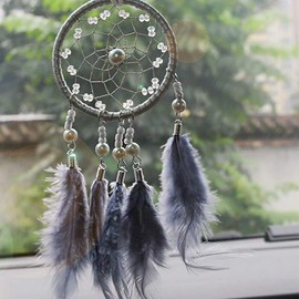 Feather Dream Catcher Rearview Pendant, Small Charm for Car Interior, Wall and Bedroom Hanging Decorations (Gray)