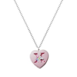 Initial Necklaces Heart Pendant Necklace, Silver Chain, Pink Heart Charm with Rainbow Design, Small, Metal, No Gemstone