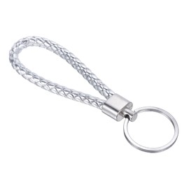 PATIKIL Braided Leather Keychain with Stainless Steel Key Ring, PU Woven Wristlet Lanyard Strap Fob Keyring Holder for Car Bag Wallet Pendant, Silver