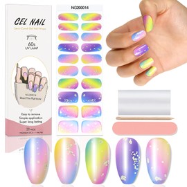 WOKOTO 20 Pcs Aurora Colorful Semi Cured Gel Nail Strips with Nail File & Wooden Stick Rainbow Gradient Color Semicured Nail Polish Strips Uv Gel Nail Polish Stickers Full Nail Wraps for Women