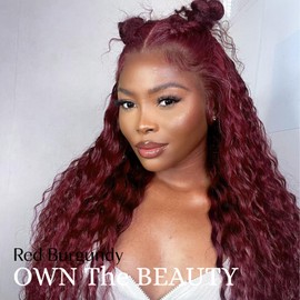 ALHER 4x4 HD Lace Closure Brazilian Human Hair 99j Dark Burgundy Water Wave, 10A Cherry Red Wine Red Color 4x4 Lace Closure 100% Unprocessed Remy Hair Wet n Wavy Free Part & Bleached Knots 18 Inch