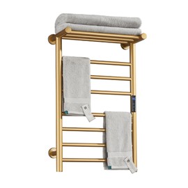 XMGJ Electric Towel Warmer Gold with Timer, 7 Bar Wall Mounted Heated Towel Rack for Bathroom, 304 Stainless Steel Heater Towel Rail with Top Shelf, Energy Efficient 70 W, 720*450*250Mm, Hardwiring