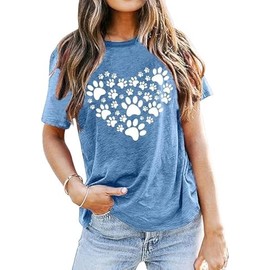 Cute Dog Mom Gifts: Dog Paw Puppy Heart Graphic Tees - Casual Short Sleeve Top - BlueXL