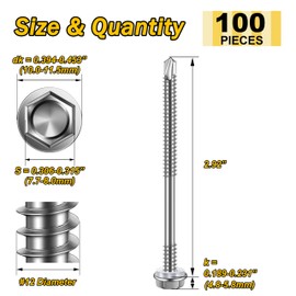 Mywish 100pcs #12×3" Self Drilling Screws for Metal, Self Tapping Screws for Metal 410 Stainless Steel, Hex Washer Head Self Drilling Screws, High-Strength Self Tapping Sheet Metal Tek Screws