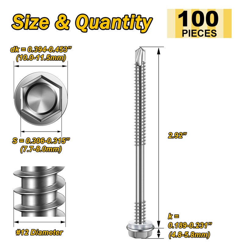 Mywish 100pcs #12×3" Self Drilling Screws for Metal, Self Tapping