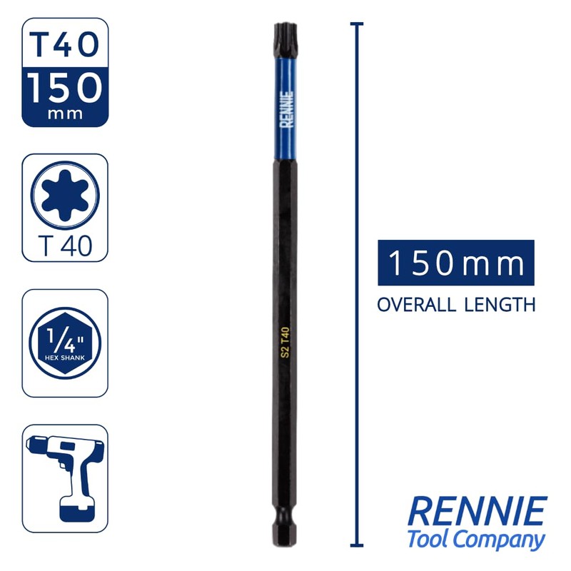 5 x Rennie Tools 150mm Long T40 TX40 Impact Screwdriver