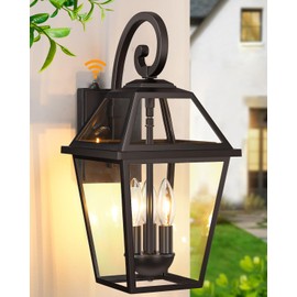 SNRU Large Dusk to Dawn Outdoor Wall Light 3-Light, 18" Waterproof Exterior Wall Sconce Light, E12 Socket Black Front Porch Lighting Fixture, Modern Wall Mount Lantern for Patio Entryway Garage,1Pack
