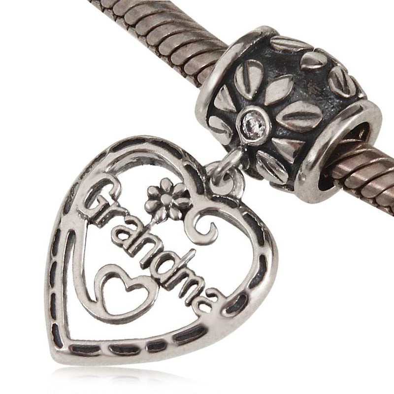 I Love Grandma Dangle Charm Hollow Heart Flower Beads Charm