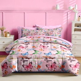 Nesker 5 Pcs Comforter Set Twin Size, Colorful Butterfly Bedding for Kids Teen, Cute Butterflies Bed Sheet with Pillowcase & Sham