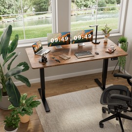 Furmax Electric Height Adjustable Standing Desk Large 63 x 24 Inches Sit Stand up Desk Home Office Computer Desk Memory Preset with T-Shaped Metal Bracket, Brown