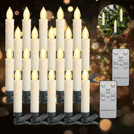 Kuandawei LED Christmas Candles, Flickering Clip on Candles for Christmas Tree, Battery Operated with Remote Timer, Warm White Light, Flameless Taper Candles for Home Christmas Decor, Set of 20