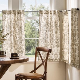 jinchan Small Window Curtains 30 Inch Linen Floral Curtain Set for Kitchen Bathroom Cafe Curtains Light Filtering Window Treatment Farmhouse Cottagecore Back Tab Drapes 2 Panels Taupe on Beige