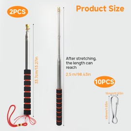 kclkda 2 Pieces Telescopic Handheld Flagpole with 10 Pieces Flag Clips, Stainless Steel Telescopic Pole Pointer Stick, Extendable Portable Flag Pole for Festival Camping Tour Guide Teaching (8.2FT)