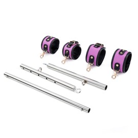 Spreader Bar Heavy Duty Stainless Steel Expandable Silver Bar Home Gym with 4pcs PU Purple Adjustable Strap,Sports Aid Training Fitness Gear Pilates Aid Kit,Yoga Set (Silver+Purple PU Kit)