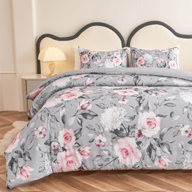 Koniroom 3 Pieces Pink and Grey Comforter Set King Size, Floral Bedding Sets King with Pink Cute Flowers Pattern Printing, Reversible All Season Comforter with 2 Pillow Shams