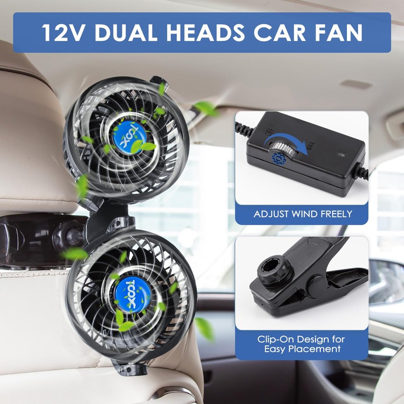 XOOL Clip Car Fan, Adjustable Dual Head 4 Inches 12V