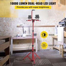 VEVOR LED Work Light with Stand, 5000 Lumen Dual-Head LED Work Light with 27.6"-68.1" Adjustable and Foldable Tripod Stand, IP65 Waterproofed LED Tripod Work Light, with 5000 Kelvin Color Temperature
