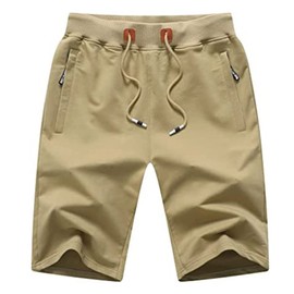 JustSun Mens Shorts Casual Sports Classic Fit Joggers Shorts with Elastic Waist Zipper Pockets Khaki Large