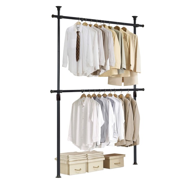 Prince Hanger, One Touch Double Adjustable Clothes Rack, Clothing Rack, Garment Rack, Freestanding, Organizer, Heavy Duty, Tension Rod, Made in Korea (Black)
