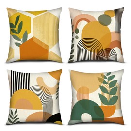 PICKFORU Boho Throw Pillow Covers Set of 4, 18x18 inch Abstract Yellow Green Throw Pillowcase Modern Art Cushion Case for Couch Sofa