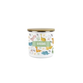 Purely Home Kids Mini Snack Pot – Lunchtime Dinosaurs Raisins Storage Canister - White Metal Enamel Treats Storage Container