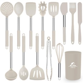 Silicone Kitchen Cooking Utensil Set, Silicone Kitchen Spatula Utensils Set with Stainless Steel Handle,Non-stick Heat Resistant - Best Kitchen Cookware Set-(Khaki)