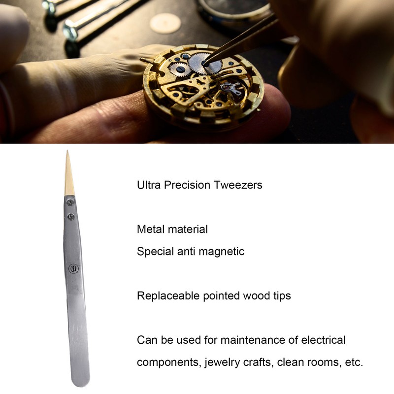 Anti Magnetic Tweezers with Replaceable Pointed Wooden Tips Watch Repair