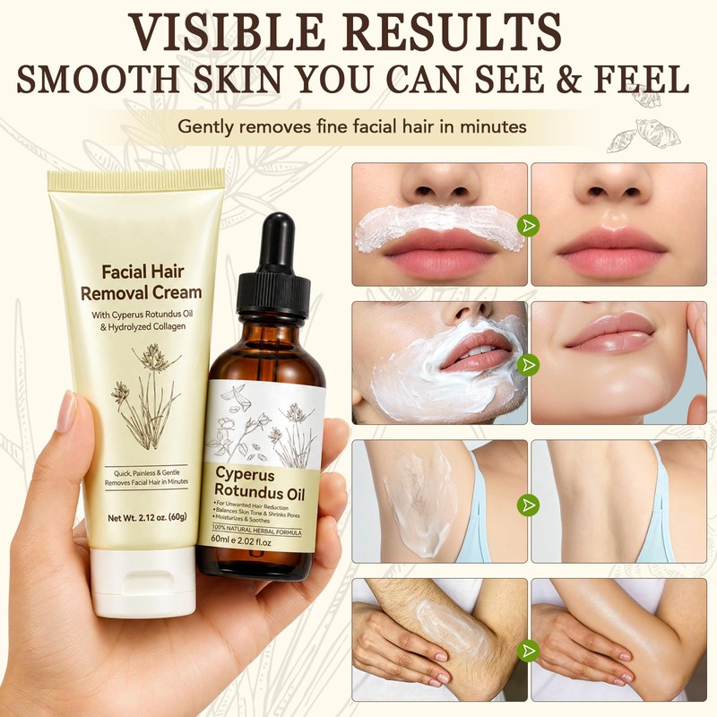2-Step Facial Depilatory Kit, Depilatory Cream & Cyperus Serum