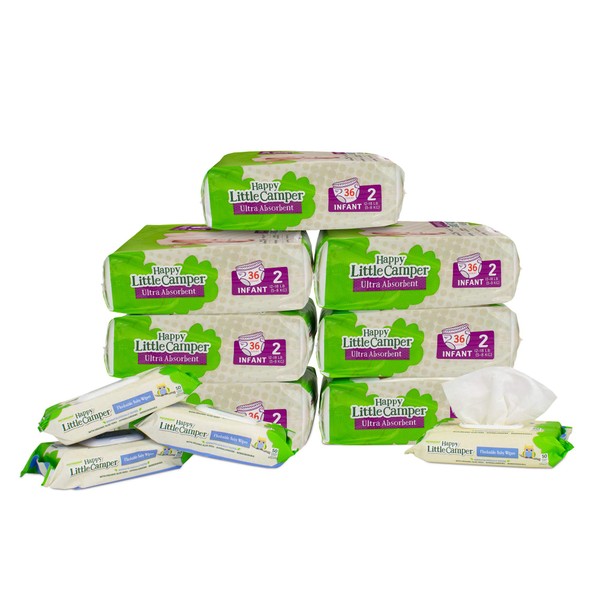 Happy Little Camper Natural Diapers Size 2(12-18 lbs) - Disposable Cotton Baby Diapers with Aloe, Ultra-Absorbent, Hypoallergenic and Fragrance Free for Sensitive Skin(252) with Flushable Wipes(200)