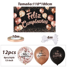 COLOFALLA Birthday Banner Pink Gold 180 x 110 cm with 12 Balloons Happy Birthday in Spanish Birthday Decoration for Women