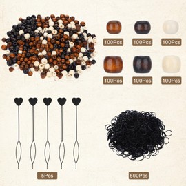 1105 Pcs Wooden Hair Beads for Braids, Large Wooden Beads for Hair Including 600 Barrel Wood Beads 500 Black Elastic Hair Bands with 5 Quick Beader, Large Hole Beads(White Dark Coffee Light Coffee)