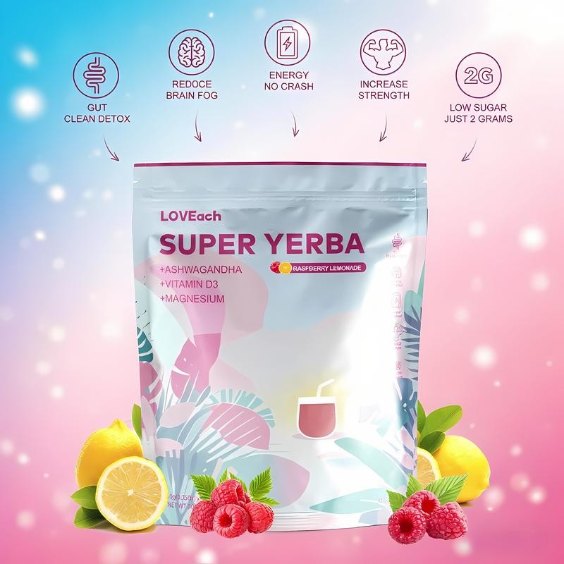 LOVEach SUPER YERBA Raspberry Lemonade Powder – 30 Servings, 2g