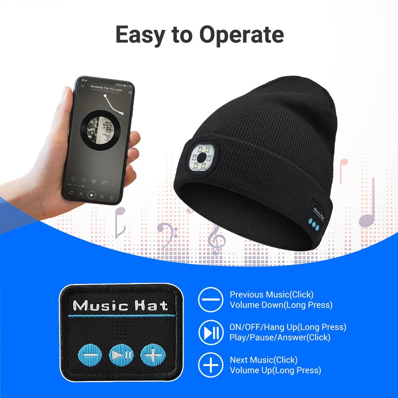 Bluetooth Beanie Headphone Hat with Light, Unique Tech Gifts for