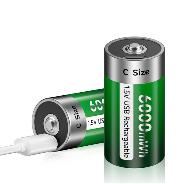 Palogreen - Baterías recargables USB de litio C de 1,5 V 6000 mWh con cable tipo C (2 unidades)