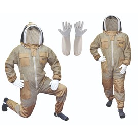 Bee Stars 3 Layer Bee Suit With Fencing Veil And One Pair Gloves Ventilated Sting Proof Beekeeping Suit For Beekeepers (X-Large, Khaki)