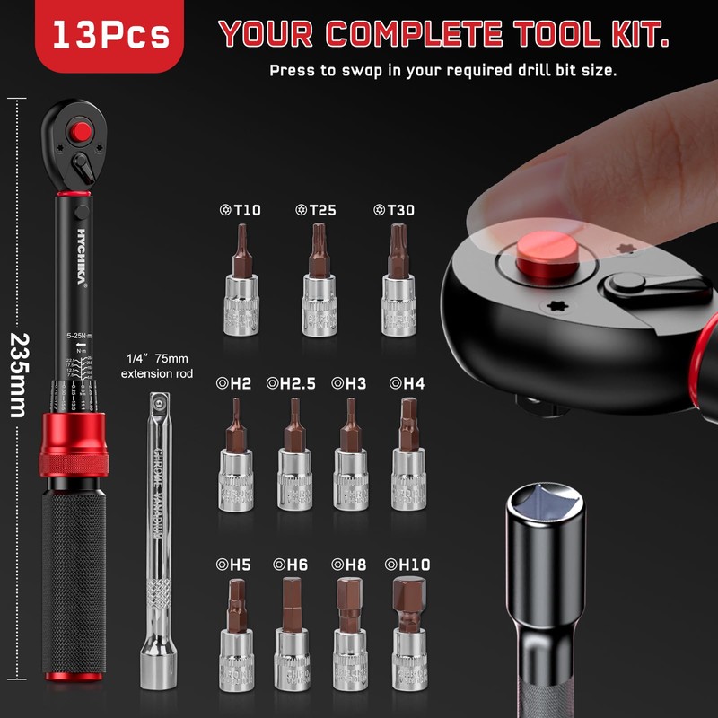 HYCHIKA 13PCS 1/4" Torque Wrench 5-25Nm, ±2% Accuracy, 72-Tooth Bike