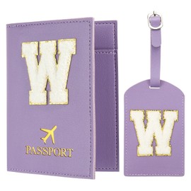 PATIKIL Passport Holder for Travel, Initial Passport Cover and Luggage Tag Set with Alphabet Chenille Letter Patch Travel Wallet Bag Suitcase Identifier for Women Family Travel Purple W