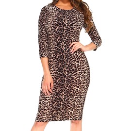 ICONOFLASH Women's Plus Size Leopard Print 3/4 Sleeve Bodycon Midi Dress - Crew Neck Fitted Dress 2X-Large