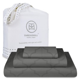 Threadmill Cotton Twin Sheet Set | 100% Cotton Sheets for Twin Size Bed | Damask Jacquard Sateen Twin Bed Sheets Set with 16” Deep Pocket | Soft Breathable 3-Piece Cooling Sheet Set | Dark Grey
