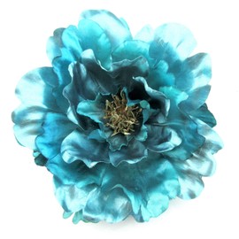 Large 6 1/2 inch Shiny Teal Blue Peony Silk Flower Hair Clip with Teeth