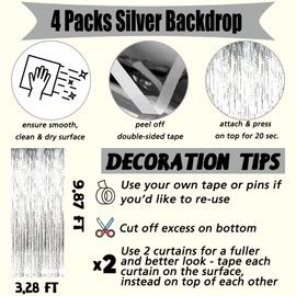 4 Pack Silver Fringe Curtain Backdrop, 3.2Ft x 9.8Ft Metallic Tinsel Foil Fringe Streamers Background for Photo Booth Birthday Wedding Baby Shower Carnival Easter Mother’s Day Party Decorations